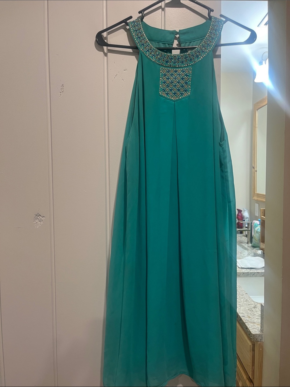 Peach Love California Teal Embroidered Halter dress